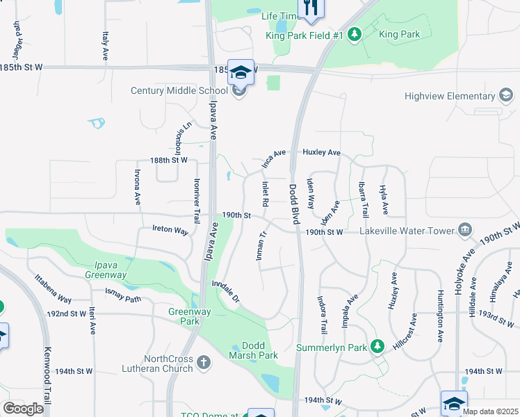 map of restaurants, bars, coffee shops, grocery stores, and more near 19053 Inman Tr in Lakeville