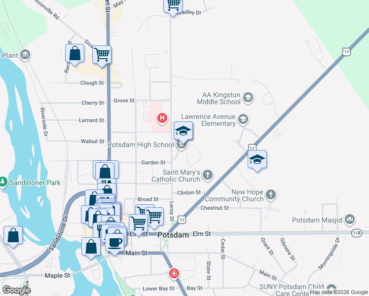 map of restaurants, bars, coffee shops, grocery stores, and more near 29 Leroy Street in Potsdam