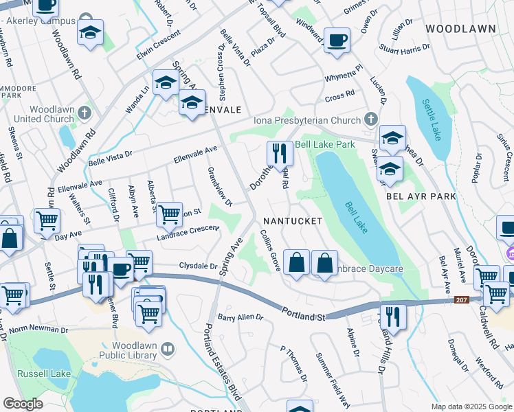 map of restaurants, bars, coffee shops, grocery stores, and more near 176 Spring Avenue in Dartmouth