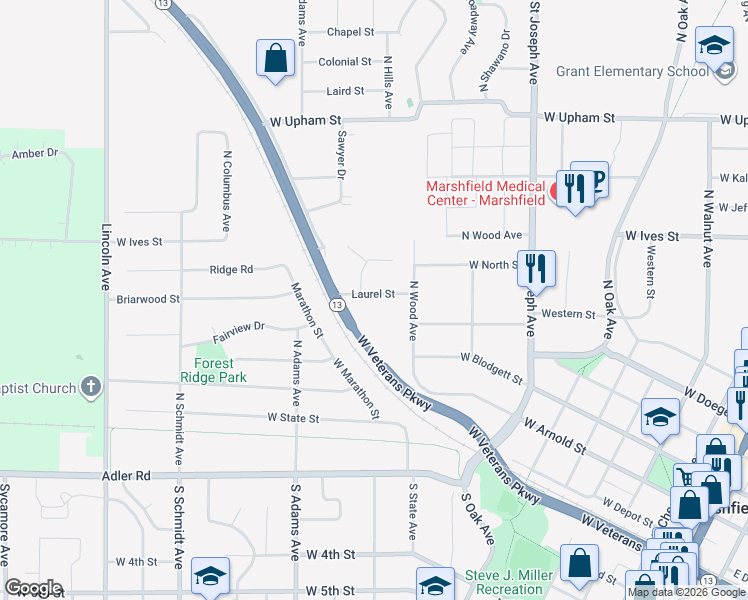 map of restaurants, bars, coffee shops, grocery stores, and more near 1207 West Veterans Parkway in Marshfield