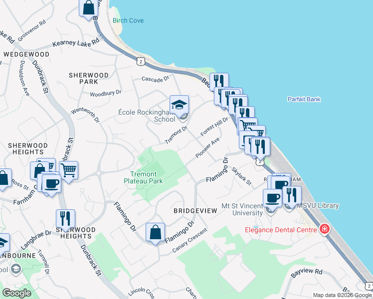 map of restaurants, bars, coffee shops, grocery stores, and more near 50 Forest Hill Drive in Halifax