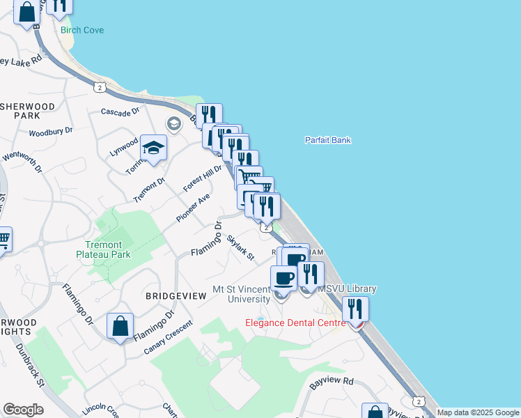 map of restaurants, bars, coffee shops, grocery stores, and more near 213 Bedford Hwy in Halifax