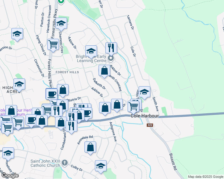 map of restaurants, bars, coffee shops, grocery stores, and more near 179 Amaranth Crescent in Dartmouth