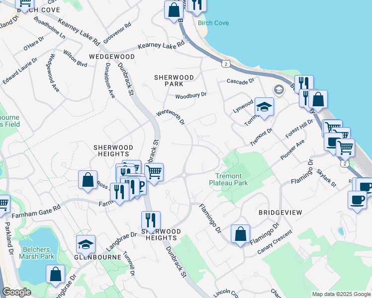 map of restaurants, bars, coffee shops, grocery stores, and more near 185 Wentworth Drive in Halifax