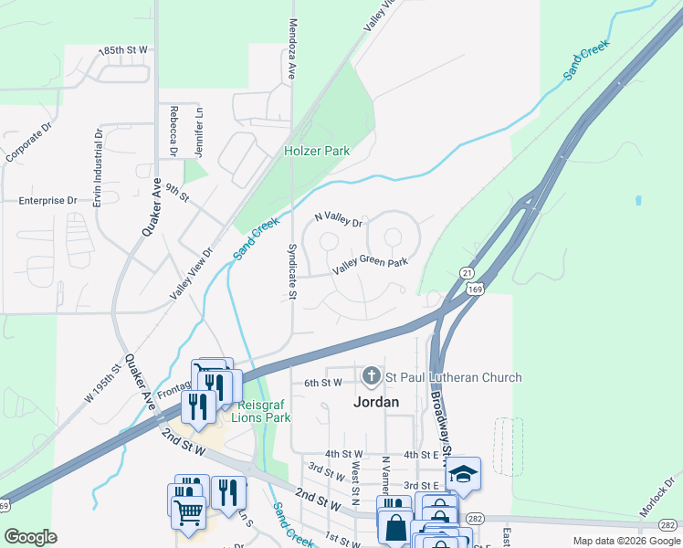 map of restaurants, bars, coffee shops, grocery stores, and more near 57 Spruce Circle in Jordan