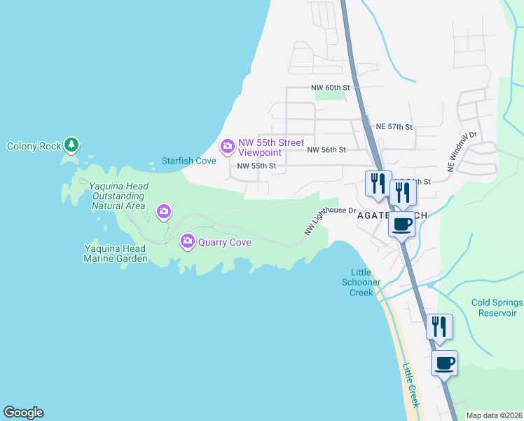 map of restaurants, bars, coffee shops, grocery stores, and more near NW Easement Rd in Newport