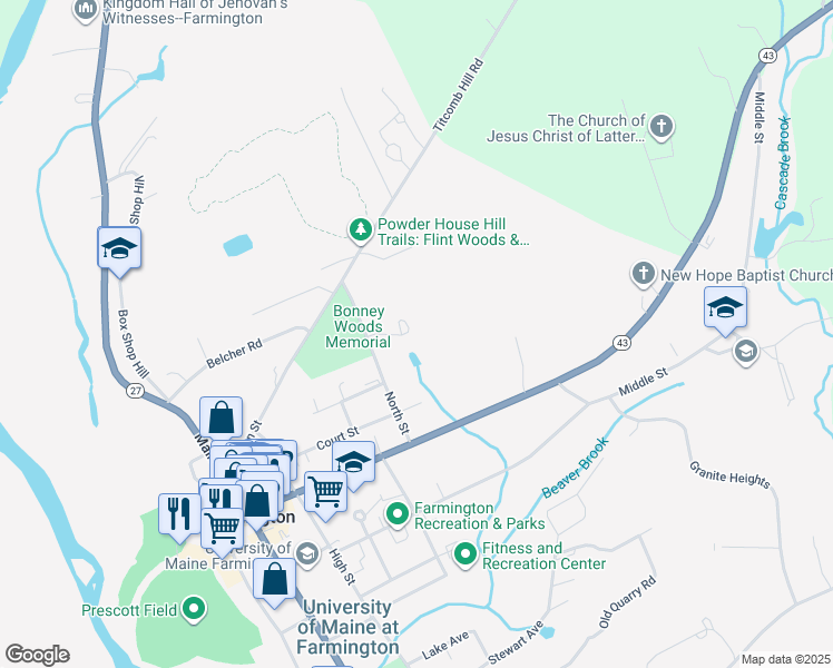 map of restaurants, bars, coffee shops, grocery stores, and more near 145 North Street in Farmington