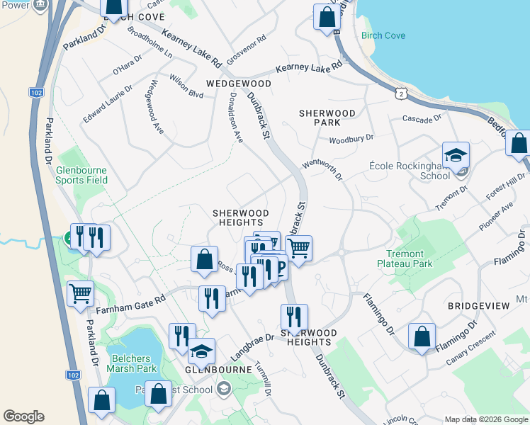 map of restaurants, bars, coffee shops, grocery stores, and more near Douglas Crescent in Halifax