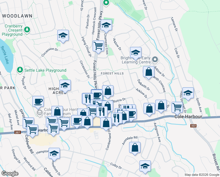 map of restaurants, bars, coffee shops, grocery stores, and more near 88 Merrimac Drive in Dartmouth