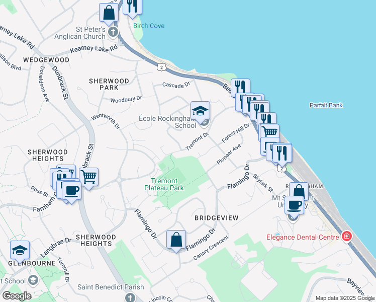 map of restaurants, bars, coffee shops, grocery stores, and more near 46 Tremont Drive in Halifax
