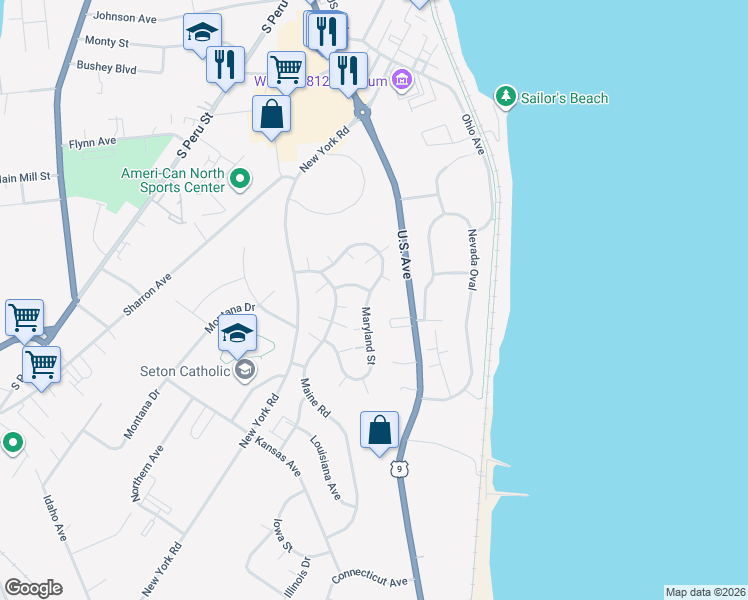 map of restaurants, bars, coffee shops, grocery stores, and more near 58 Maryland Road in Plattsburgh