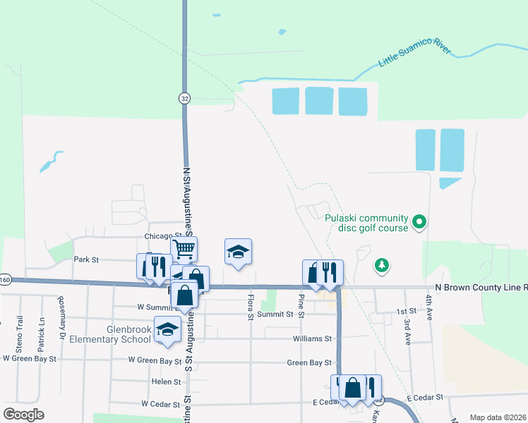 map of restaurants, bars, coffee shops, grocery stores, and more near 251 North Wisconsin Street in Pulaski