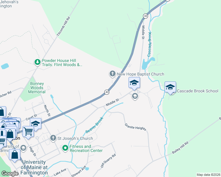 map of restaurants, bars, coffee shops, grocery stores, and more near Perham Street in Farmington