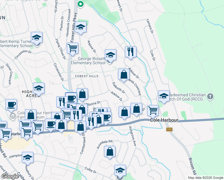 map of restaurants, bars, coffee shops, grocery stores, and more near 112 Arklow Drive in Dartmouth