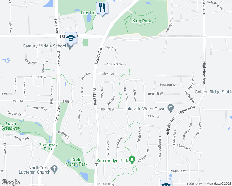 map of restaurants, bars, coffee shops, grocery stores, and more near 18880 Iden Avenue in Lakeville