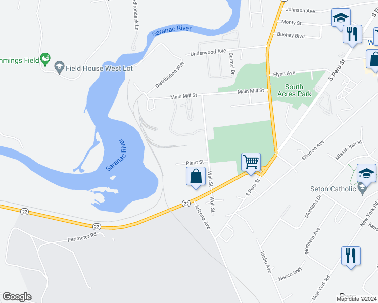 map of restaurants, bars, coffee shops, grocery stores, and more near 4 Plant Street in Plattsburgh