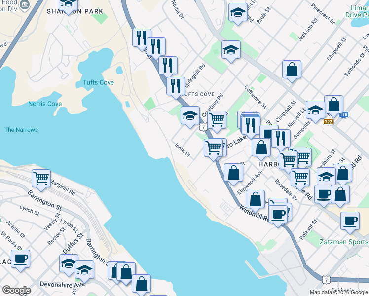 map of restaurants, bars, coffee shops, grocery stores, and more near 25 Middle Street in Dartmouth