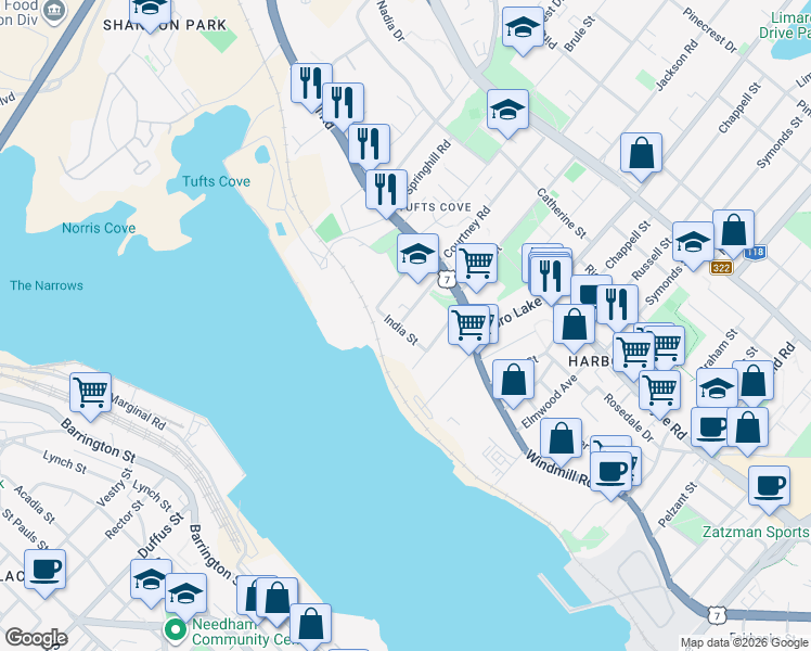 map of restaurants, bars, coffee shops, grocery stores, and more near 25 Middle Street in Dartmouth