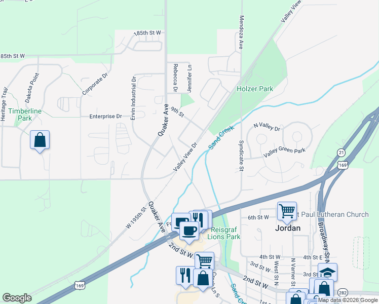 map of restaurants, bars, coffee shops, grocery stores, and more near 220 Valley View Drive in Jordan