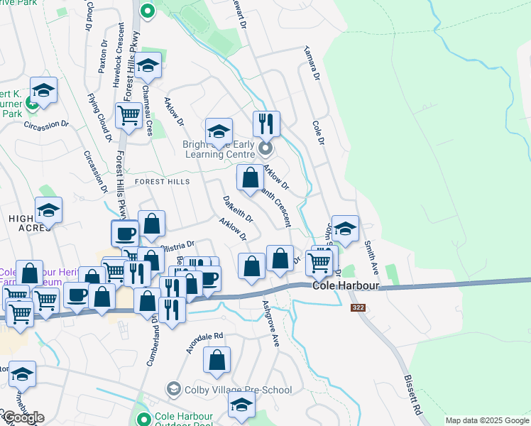 map of restaurants, bars, coffee shops, grocery stores, and more near Amaranth Crescent in Dartmouth