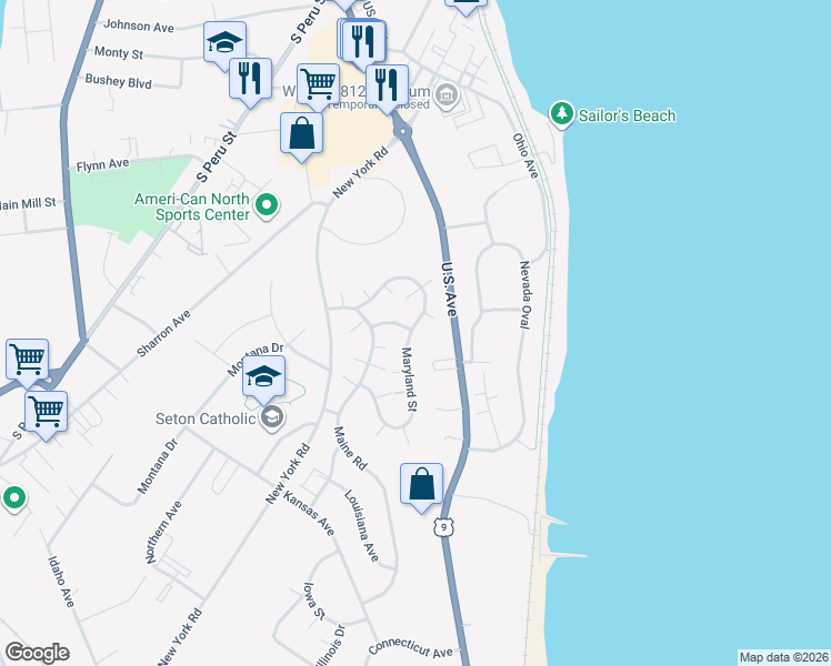 map of restaurants, bars, coffee shops, grocery stores, and more near 58 Maryland Road in Plattsburgh