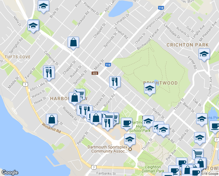 map of restaurants, bars, coffee shops, grocery stores, and more near 207 Victoria Road in Dartmouth