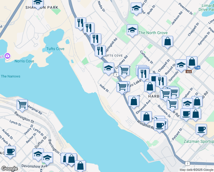 map of restaurants, bars, coffee shops, grocery stores, and more near 15 Middle Street in Dartmouth