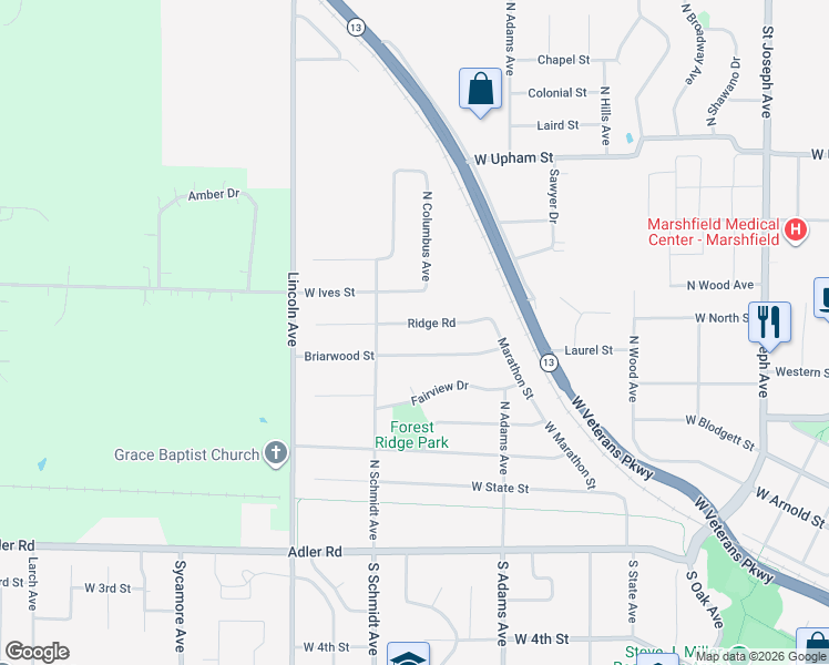 map of restaurants, bars, coffee shops, grocery stores, and more near 1128 Ridge Road in Marshfield