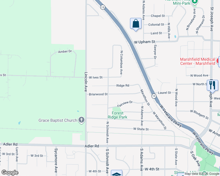 map of restaurants, bars, coffee shops, grocery stores, and more near 1140 Ridge Road in Marshfield
