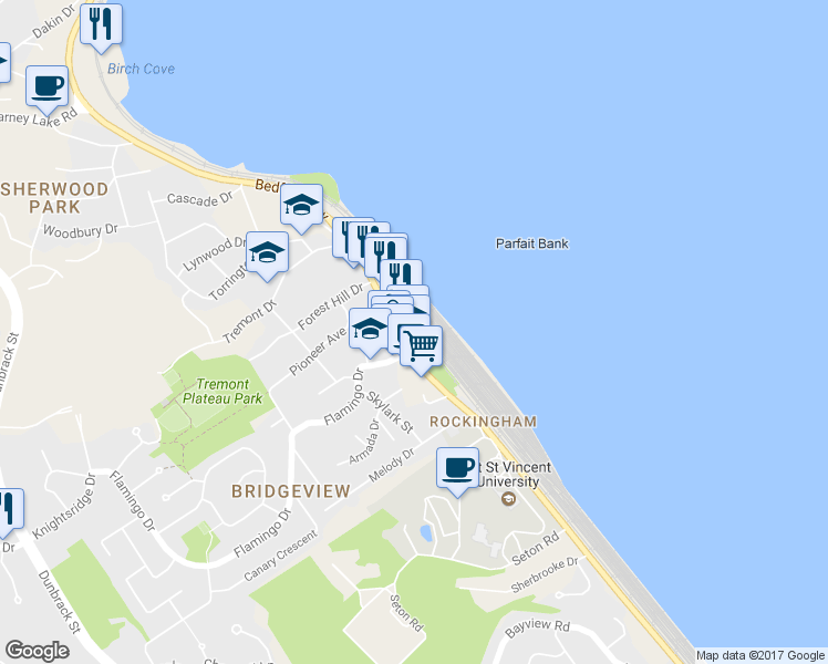 map of restaurants, bars, coffee shops, grocery stores, and more near 213 Bedford Highway in Halifax