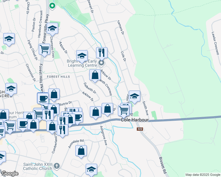 map of restaurants, bars, coffee shops, grocery stores, and more near 50 Amaranth Crescent in Dartmouth