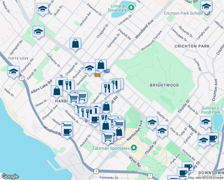 map of restaurants, bars, coffee shops, grocery stores, and more near 207 Victoria Road in Dartmouth