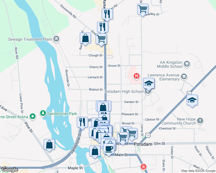 map of restaurants, bars, coffee shops, grocery stores, and more near 102 Market St in Potsdam