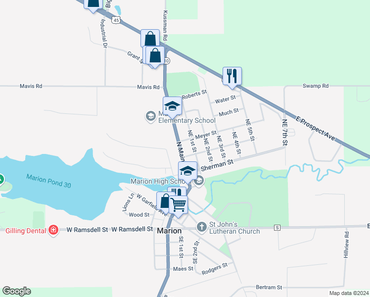 map of restaurants, bars, coffee shops, grocery stores, and more near 713 North Main Street in Marion