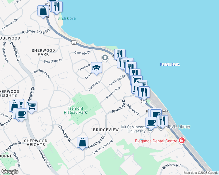 map of restaurants, bars, coffee shops, grocery stores, and more near 32 Forest Hill Drive in Halifax