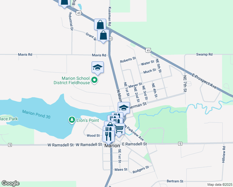 map of restaurants, bars, coffee shops, grocery stores, and more near 713 North Main Street in Marion