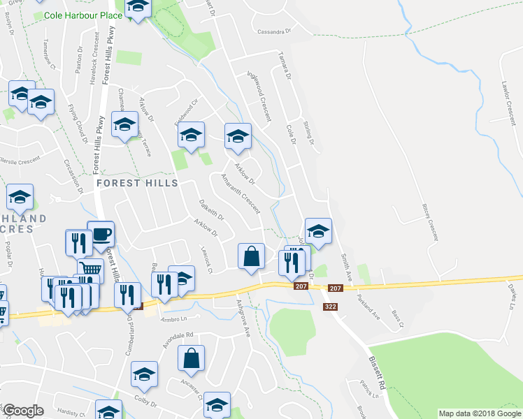 map of restaurants, bars, coffee shops, grocery stores, and more near 50 Amaranth Crescent in Dartmouth
