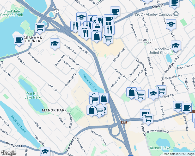 map of restaurants, bars, coffee shops, grocery stores, and more near 65 Penhorn Drive in Dartmouth