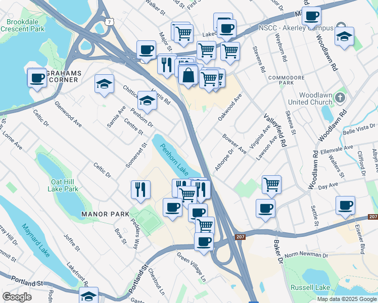 map of restaurants, bars, coffee shops, grocery stores, and more near 65 Penhorn Drive in Dartmouth
