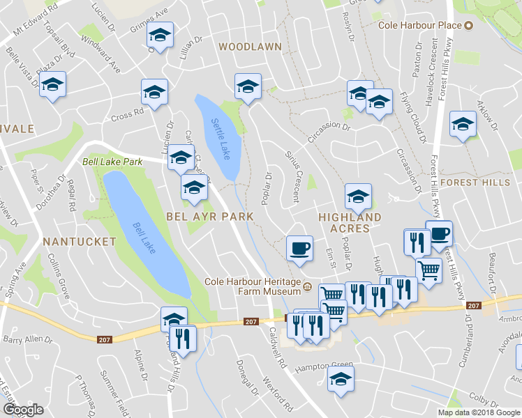 map of restaurants, bars, coffee shops, grocery stores, and more near 379 Poplar Drive in Dartmouth