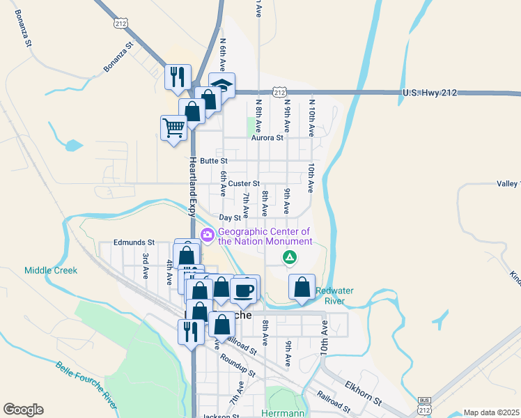 map of restaurants, bars, coffee shops, grocery stores, and more near 228 8th Avenue in Belle Fourche