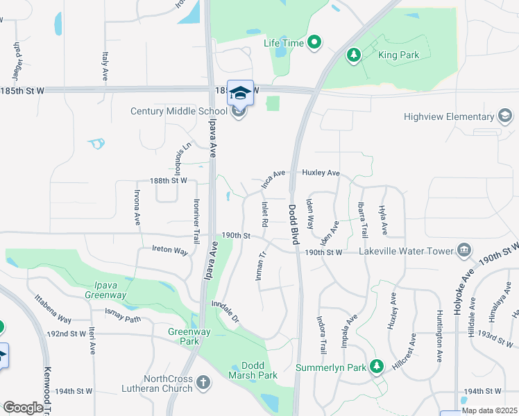 map of restaurants, bars, coffee shops, grocery stores, and more near 18919 Inlet Road in Lakeville