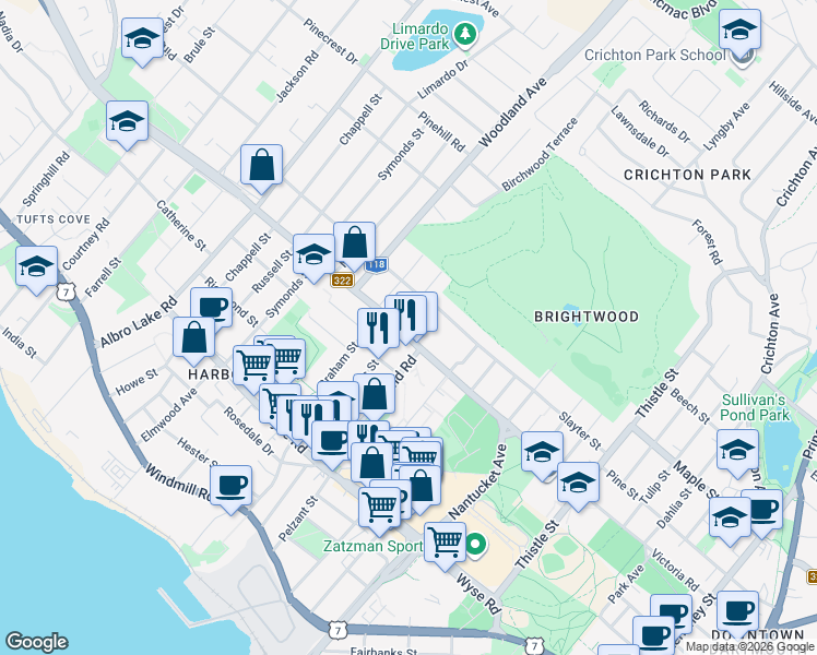 map of restaurants, bars, coffee shops, grocery stores, and more near 172 Victoria Road Extension in Dartmouth