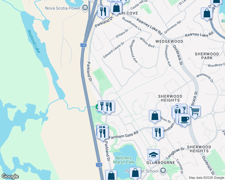 map of restaurants, bars, coffee shops, grocery stores, and more near 48 Gorsebud Close in Halifax