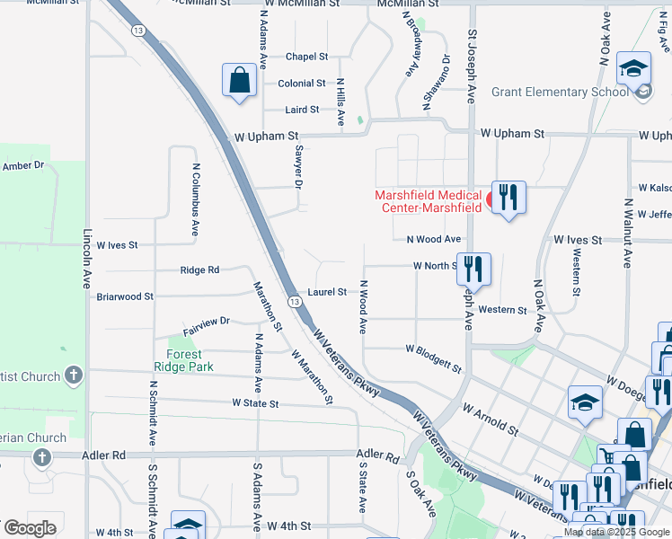 map of restaurants, bars, coffee shops, grocery stores, and more near 617 West Laurel Court in Marshfield