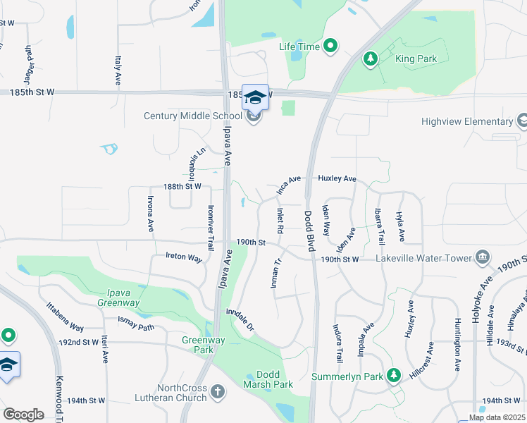 map of restaurants, bars, coffee shops, grocery stores, and more near 18919 Inlet Road in Lakeville