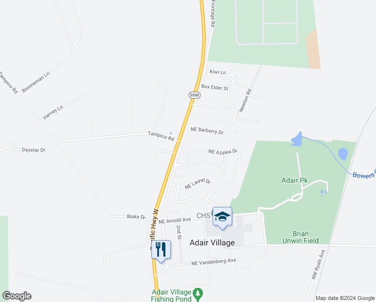 map of restaurants, bars, coffee shops, grocery stores, and more near 182 Northeast Azalea Drive in Adair Village