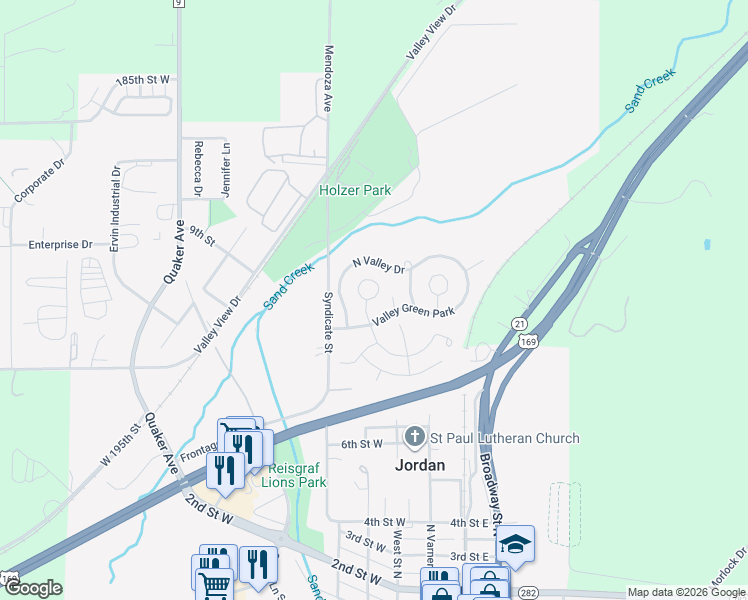 map of restaurants, bars, coffee shops, grocery stores, and more near 57 Spruce Circle in Jordan