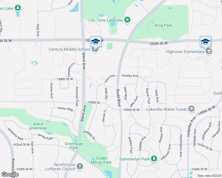 map of restaurants, bars, coffee shops, grocery stores, and more near 18894 Inlet Road in Lakeville