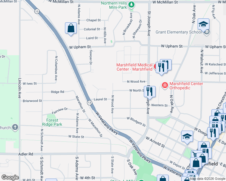map of restaurants, bars, coffee shops, grocery stores, and more near 1606 West North Street in Marshfield